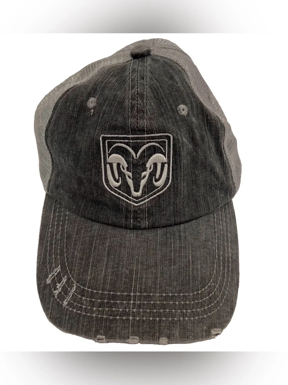 Dodge Ram Cotton Baseball Cap Hat Gray Distressed Mesh Adjustable Strap